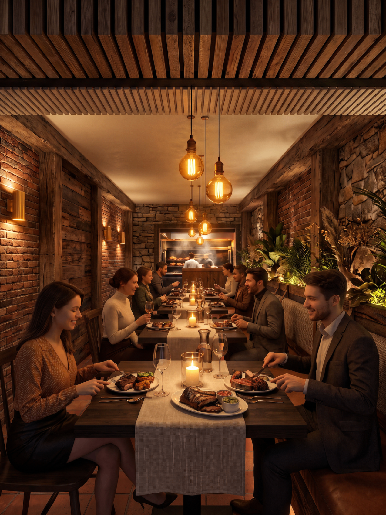 MANILA NIGHTS — The dining room — rattan light, lime-washed stone, neon