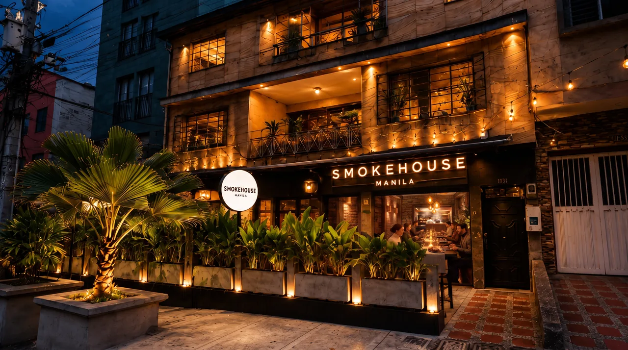 The Smokehouse Manila storefront at night, doors open and warm lights on, on a plant-lined street in Barrio Manila, El Poblado, Medellín